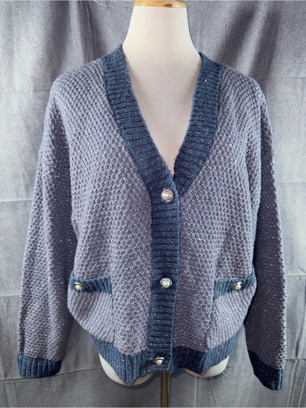 2740-LC Lauren Conrad Two-Tone Grey Knit Cardigan with Pearlescent Buttons
